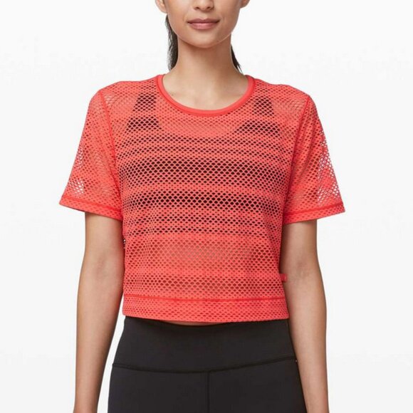 Lululemon Sweat Your Heart Out Boxy Crop Top Mesh in Hot Sunset - Small 4 6 - Picture 1 of 8